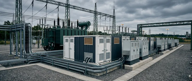 Rows of battery energy storage system containers in an industrial switchyard