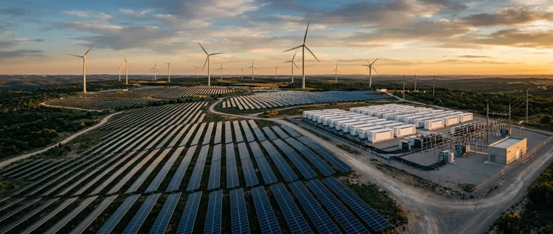 Combined solar PV farm, wind turbines and battery storage system in one facility