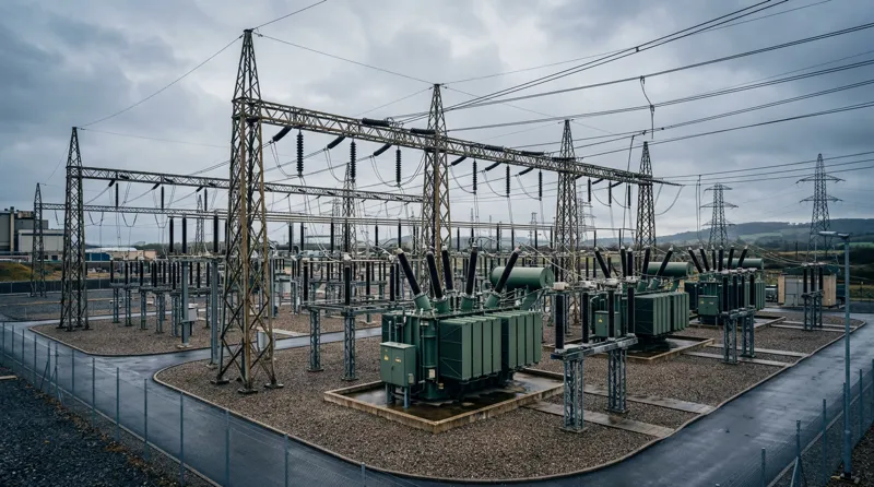 Modern high-voltage electrical substation with transformers and switchgear