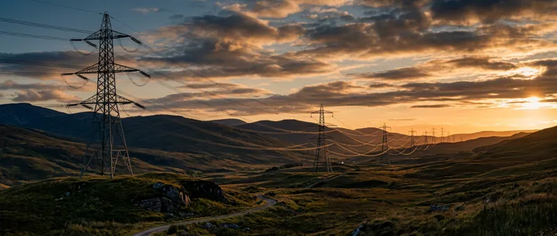 High-voltage transmission towers carrying power lines across open terrain
