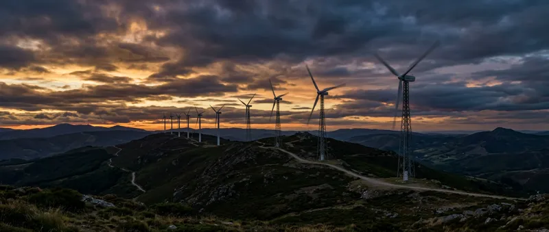 Row of modern wind turbines on a ridgeline at dusk